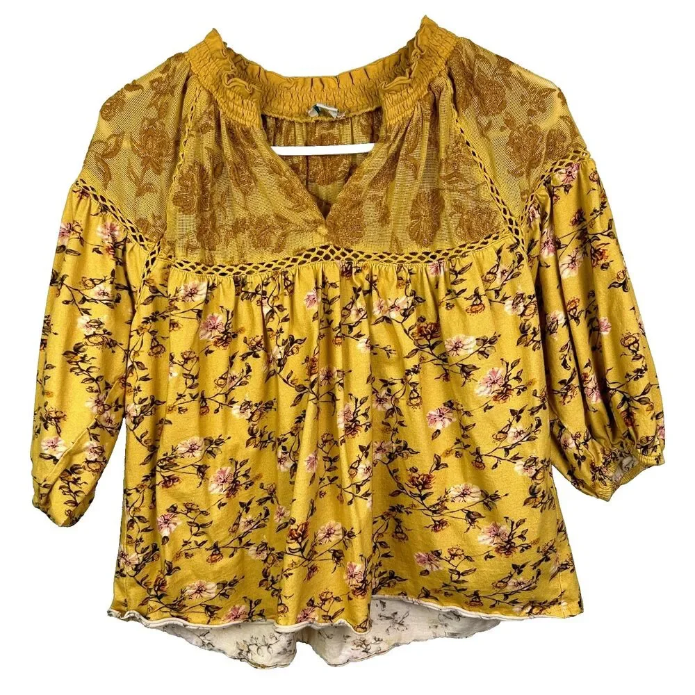 Sundance Florence Bloom Yellow Floral Blouse Cotton Top Balloon Sleeves Lace S - Picture 2 of 11